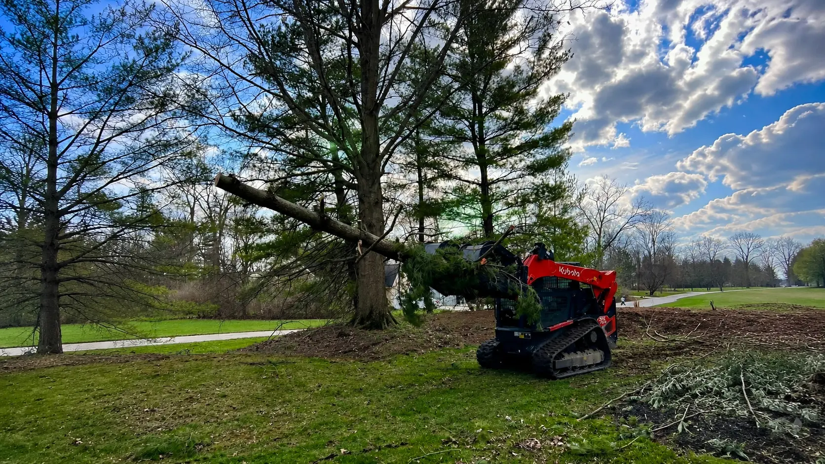 Orange Kubota skid steer clearing trees and brush on an Ohio property